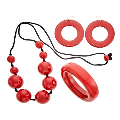 Lot Tiffany & Co., Elsa Peretti Red Lacquer 'Doughnut' Bangle Bracelet, Bead Necklace and Pair of Pendant-Earrings