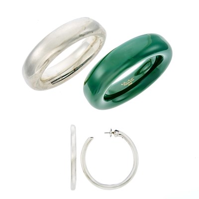 Lot 1214 - Tiffany & Co., Elsa Peretti Two Green Lacquer and Silver 'Doughnut' Bangle Bracelets and Pair of Hoop Earrings
