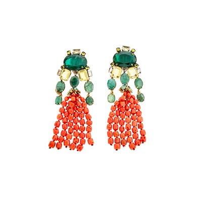 Lot 1229 - Iradj Moini Pair of Gilt-Metal, Coral Bead, Emerald and Simulated Stone Pendant-Earclips