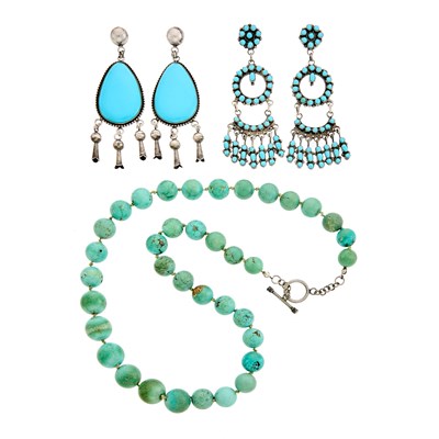 Lot 1226 - Two Pairs of Native American Silver and Turquoise Pendant-Earrings and Turquoise Bead Necklace