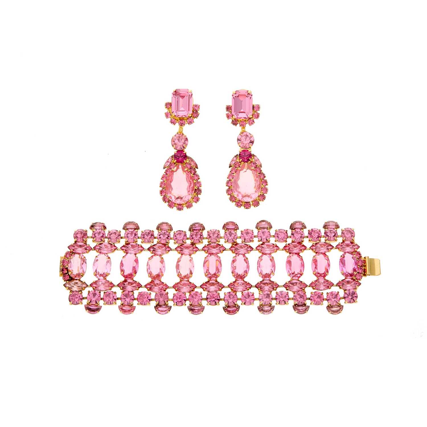 Lot 1233 - Alan Anderson Gilt-Metal and Pink Stone Bracelet and Pair of Pendant-Earclips