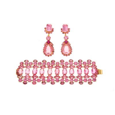 Lot 1233 - Alan Anderson Gilt-Metal and Pink Stone Bracelet and Pair of Pendant-Earclips