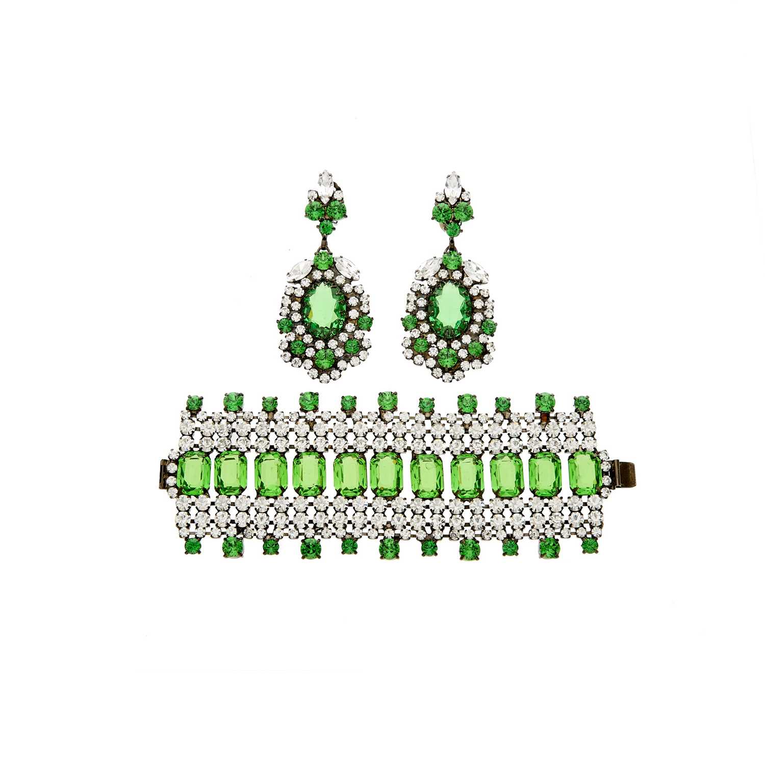 Lot 1232 - Alan Anderson Blackened Metal, Green Stone and Rhinestone Bracelet and Pair of Pendant-Earclips
