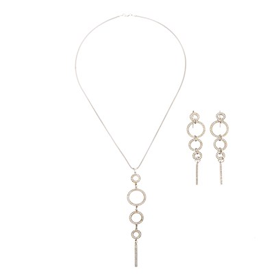 Lot 1200 - White Gold and Diamond Pendant-Necklace and Pair of Pendant-Earrings