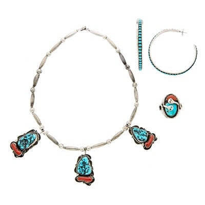 Lot 1224 - Group of Silver, Turquoise and Coral Jewelry