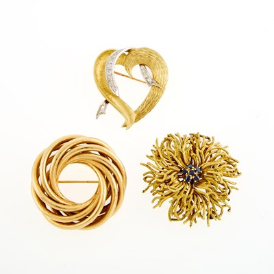 Lot 1238 - Three Gold, Sapphire and Diamond Brooches