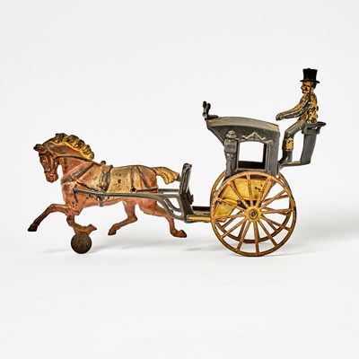 Lot 1224 - Painted Cast Iron Hackney Horse-drawn Hansom Cab Toy