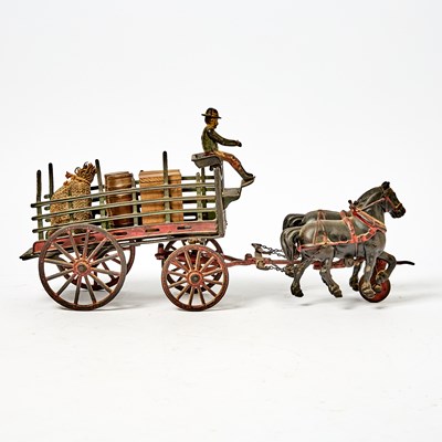 Lot 1229 - Pratt & Letchworth Painted Cast Iron Two Horse Dray Wagon Toy