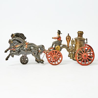 Lot 1217 - Painted Cast Iron Horse-drawn Fire Pumper Toy