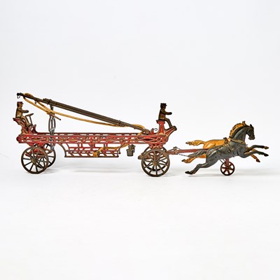 Lot 1211 - Ives Painted Cast Iron Horse-drawn Fire Aerial Ladder Truck