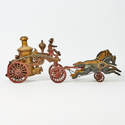 Lot 1212 - Painted Cast Iron Three Horse-drawn Fire Pumper Wagon
