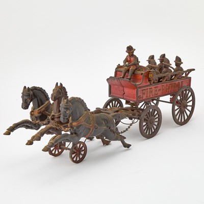 Lot 1216 - Ives Painted Cast Iron Three Horse-drawn “FIRE PATROL” Wagon Toy