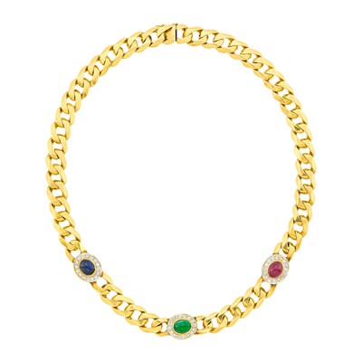 Lot 110 - Gold, Cabochon Colored Stone and Diamond Curb Link Necklace