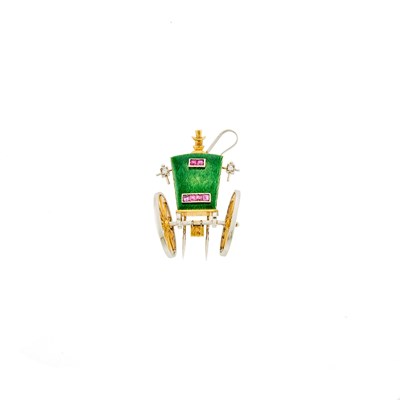 Lot 1162 - Two-Color Gold, Enamel and Ruby Coach Carriage Pendant Clip-Brooch