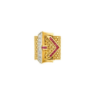 Lot 94 - Wide Two-Color Gold, Ruby and Diamond Mesh Buckle Ring