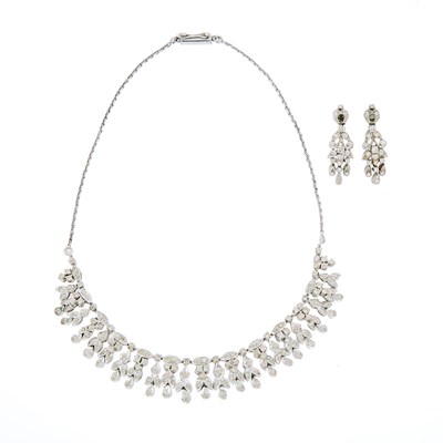Lot 1108 - White Gold, Silver and Colored Diamond Swag Necklace and Pair of Pendant-Earrings