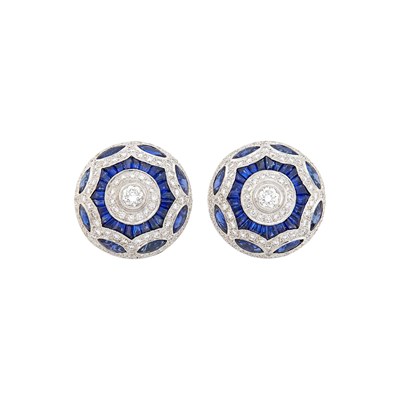 Lot 63 - Pair of White Gold, Diamond and Sapphire Bombé Earclips