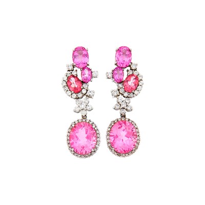 Lot 153 - Pair of White Gold, Pink Topaz and Diamond Pendant-Earrings