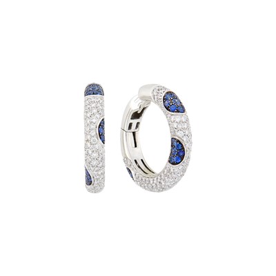 Lot 61 - Pair of Two-Color Gold, Diamond and Sapphire Hoop Earrings