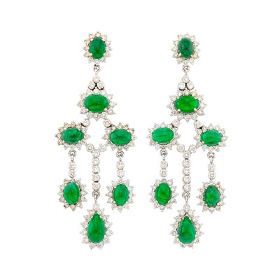 Lot 66 - Pair of White Gold, Cabochon Emerald and Diamond Pendant-Earrings