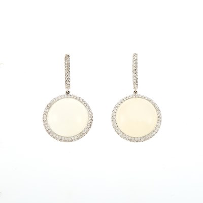 Lot 1141 - Pair of White Gold, Moonstone and Diamond Pendant-Earrings