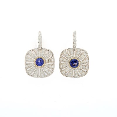 Lot 1126 - Pair of White Gold, Tanzanite and Diamond Pendant-Earrings