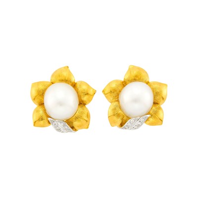 Lot 15 - Pair of Two-Color Gold, South Sea Cultured Pearl and Diamond Flower Earclips