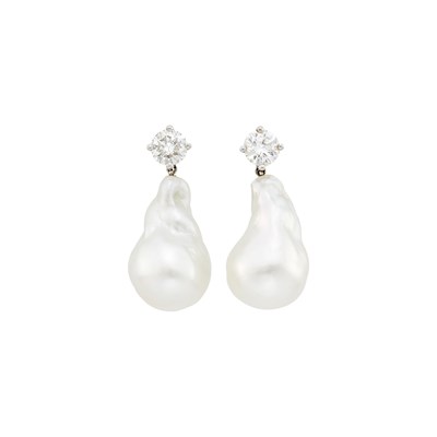 Lot 70 - Pair of Platinum, Diamond and Baroque Cultured Pearl Pendant-Earrings