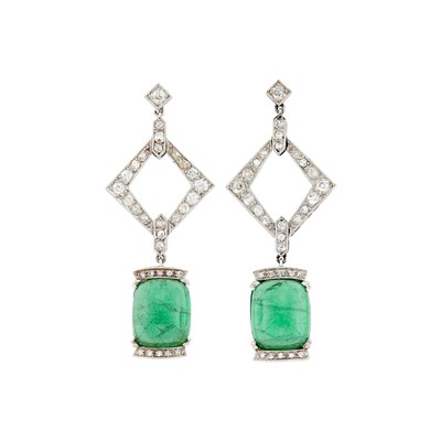 Lot 166 - Pair of Platinum, Cabochon Emerald and Diamond Pendant-Earrings
