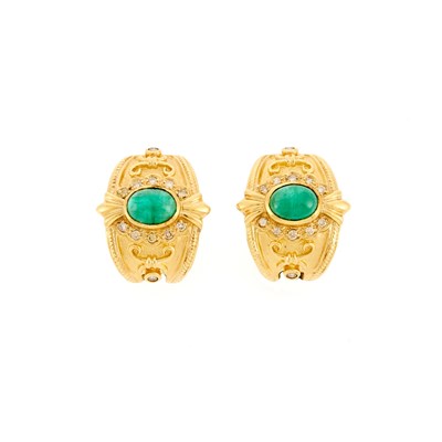 Lot 1087 - Pair of Gold, Cabochon Emerald and Diamond Half-Hoop Earclips