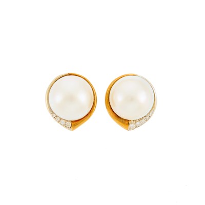 Lot 1167 - Pair of Two-Color Gold, Mabé Pearl, and Diamond Earclips