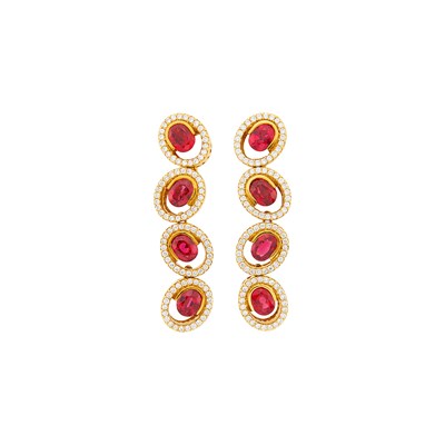 Lot 135 - Pair of Gold, Red Spinel and Diamond Pendant-Earclips