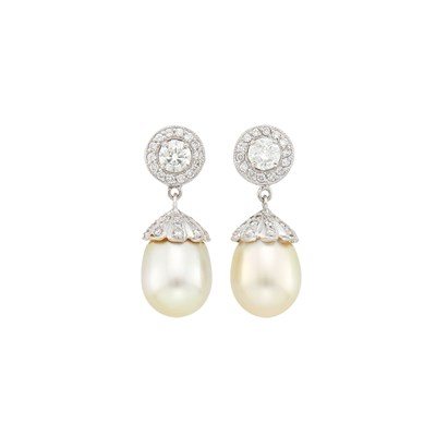 Lot 57 - Pair of White Gold, Golden Cultured Pearl and Diamond Pendant-Earrings