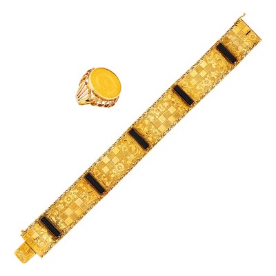 Lot 1312 - Gold and Black Onyx Bracelet and Two-Color Gold and Gold Coin Ring