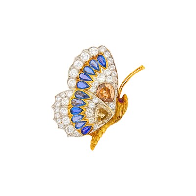 Lot 136 - Gold, Platinum, Colored Diamond, Diamond and Sapphire 'En Tremblant' Butterfly Brooch