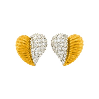 Lot 146 - Pair of Gold, Platinum and Diamond Heart Earclips