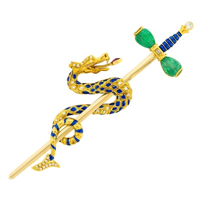 Lot 1060 - Gold, Blue Enamel. Carved Emerald and Diamond Dragon and Sword Double Clip-Brooch