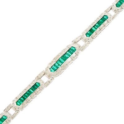 Lot 1128 - White Gold, Emerald and Diamond Bracelet