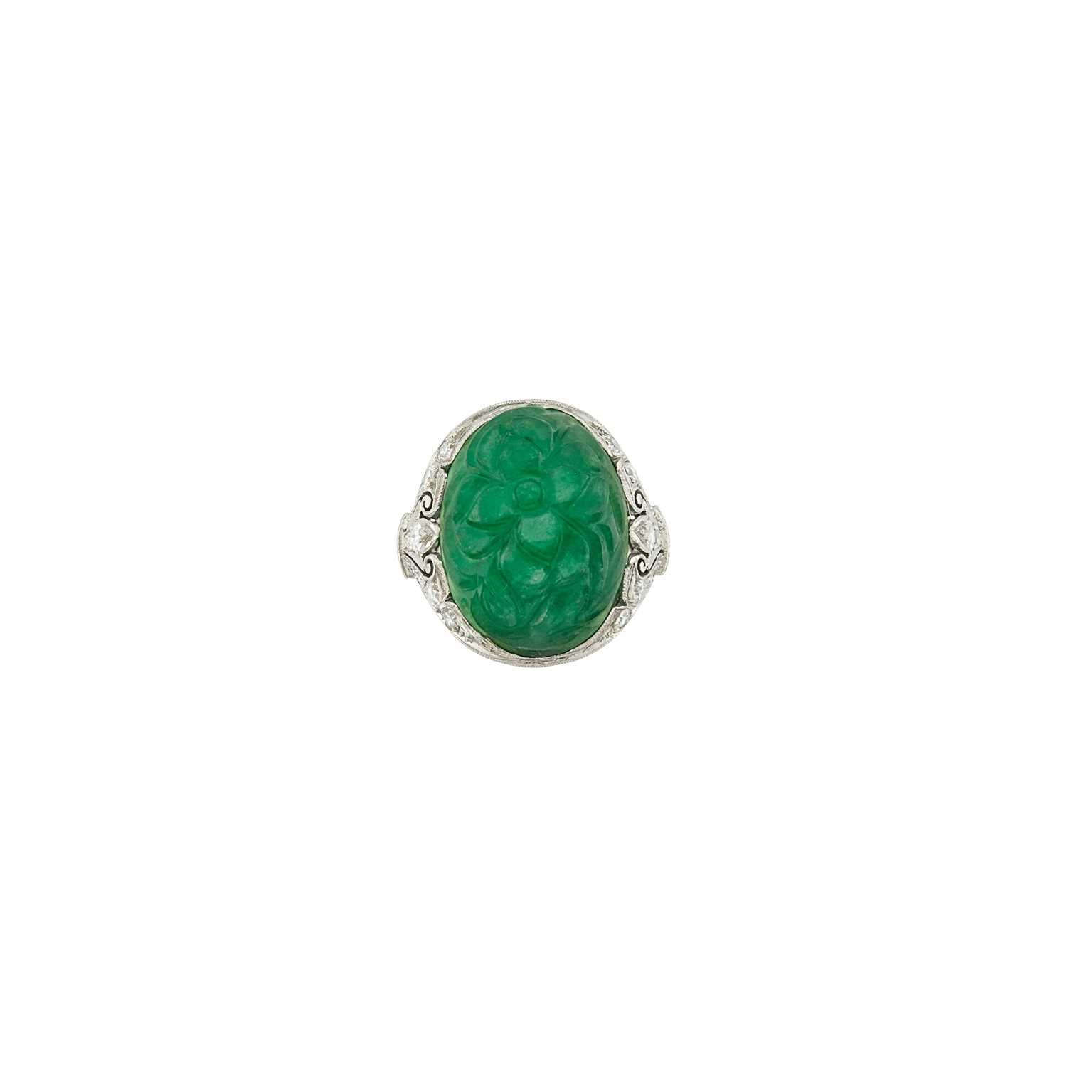 Lot 79 - Platinum, Carved Jade and Diamond Ring