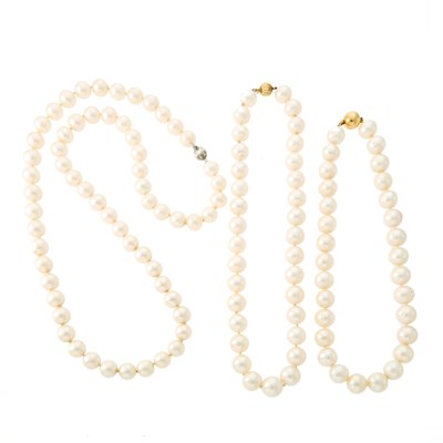 Lot 1187 - Three Freshwater Pearl Necklaces with Yellow and White Gold Ball Clasps