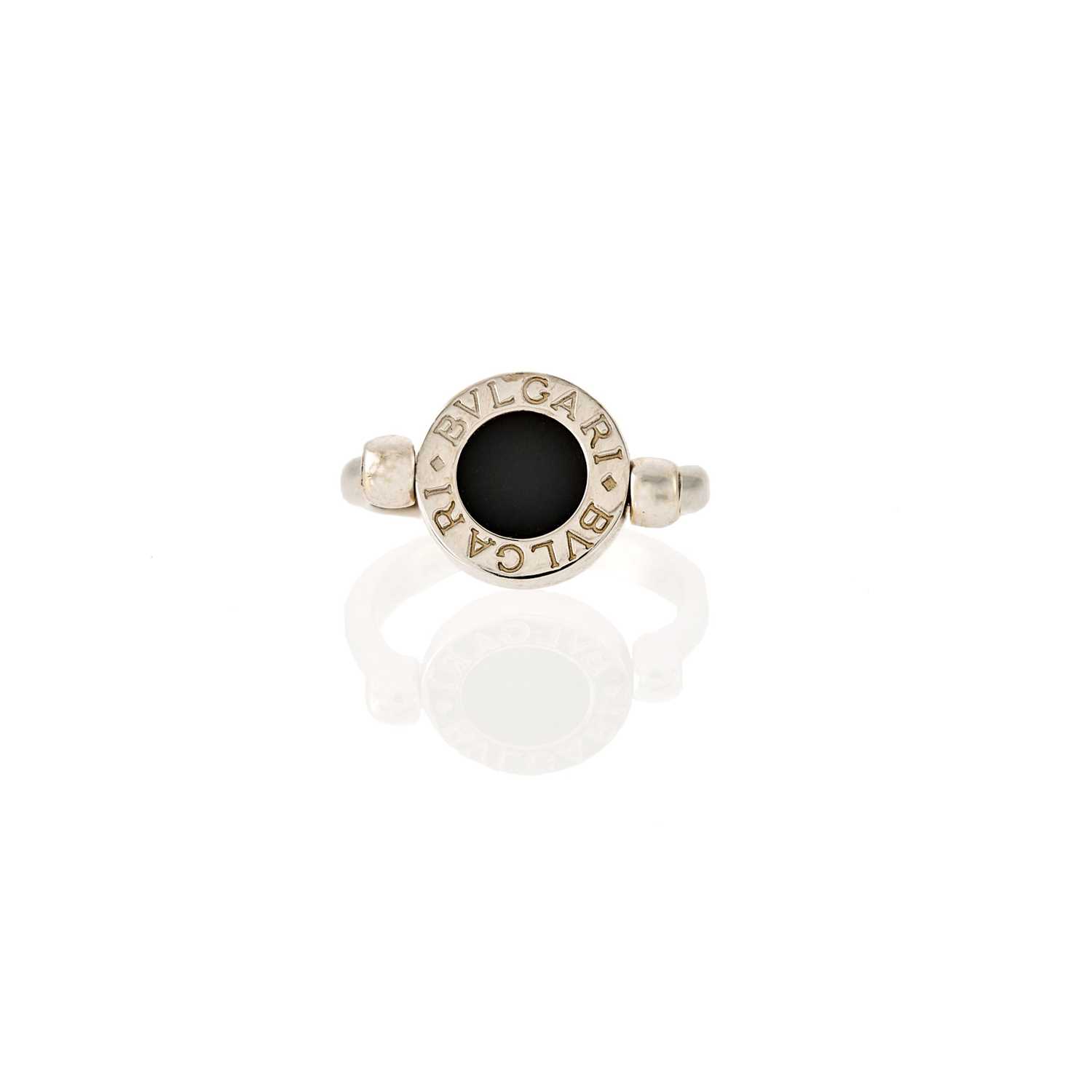 Lot 1082 - Bulgari White Gold, Black Onyx and Diamond 'Bvlgari Bvlgari' Swivel Ring