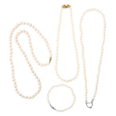 Lot 1190 - Mikimoto Cultured Pearl Necklace with Gold Clasp, Two Freshwater Pearl Necklaces with Silver and Gold Clasps and Cultured Pearl Bracelet with White Gold Clasp