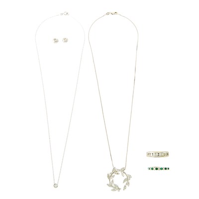Lot 1197 - White Gold and Diamond Pendant with Chain Necklace, Two Band Rings and Pair of Earrings and Silver and Diamond Pendant-Necklace