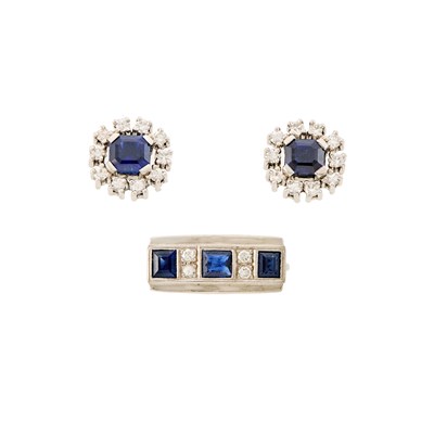 Lot 1113 - White Gold, Sapphire and Diamond Ring and Pair of Stud Earrings