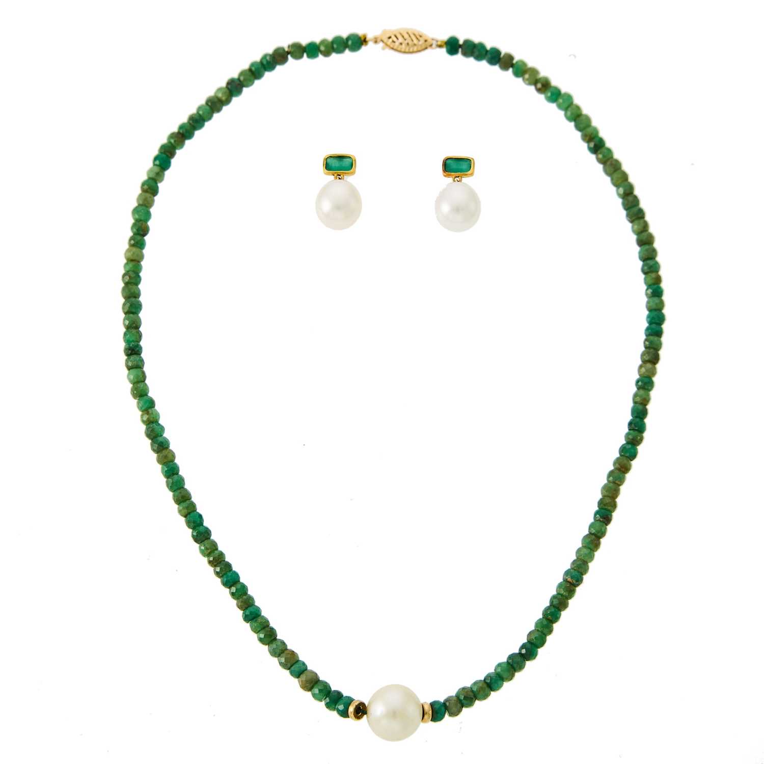 Lot 1032 - Emerald Bead, South Sea Cultured Pearl and Gold Necklace and Pair of Freshwater Pearl and Emerald Pendant-Earrings