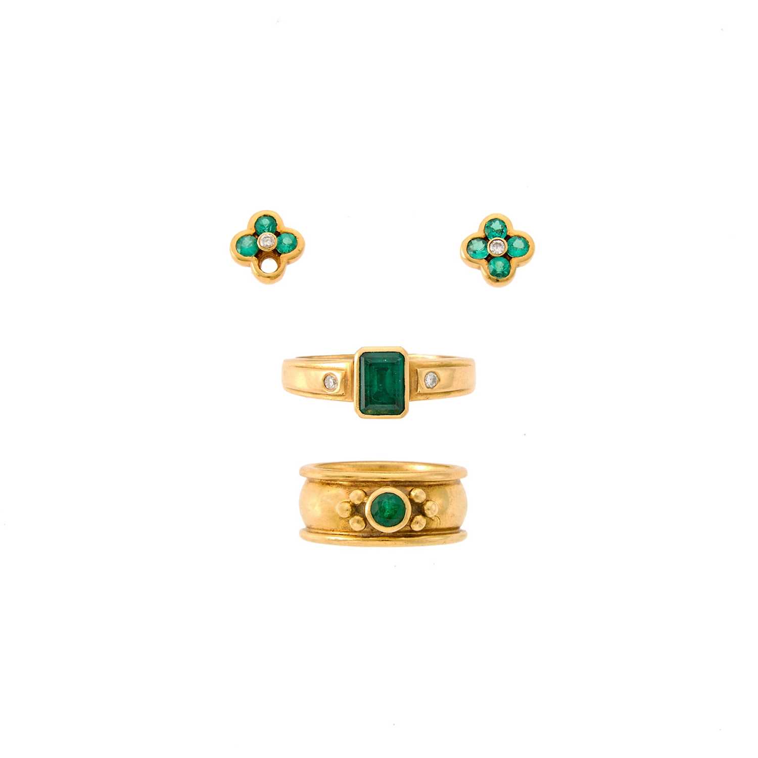 Lot 1073 - Helen Woodhull Gold and Emerald Ring, Gold, Emerald and Diamond Ring and Pair of Stud Earrings