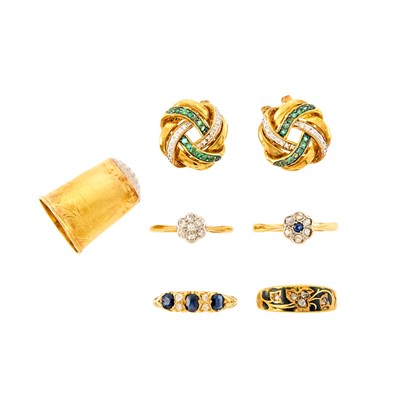 Lot 1191 - Four Antique Gold, Black Enamel, Diamond and Sapphire Rings, Carved Chalcedony Thimble and Pair of Costume Earrings