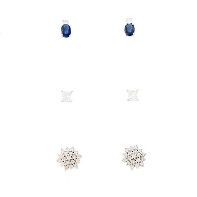 Lot 1118 - Three Pairs of White Gold, Sapphire and Diamond Stud Earrings