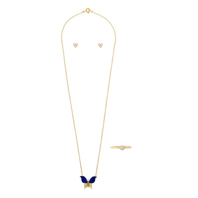 Lot 1174 - Tiffany & Co. Gold, Platinum and Diamond Ring, Pair of Stud Earrings and Lapis and Diamond Butterfly Pendant-Necklace