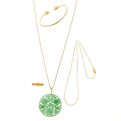 Lot 1189 - Carved Jade Pendant with Long Chain Necklace, Chain Necklace, Chimera Bangle Bracelet and Nautical Band Ring